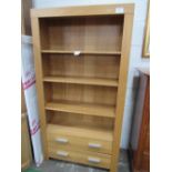 Oak veneer open bookcase with 2 drawers to base, 100cms x 33cms x 189cms.