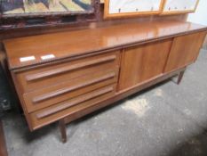 1970's mahogany G-Plan style sideboard with 3 drawers & 2 sliding doors, 194cms x 44cms x 73cms.