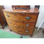 Mahogany Sheraton-style bow fronted chest of 3 graduated drawers. Estimate £50-80