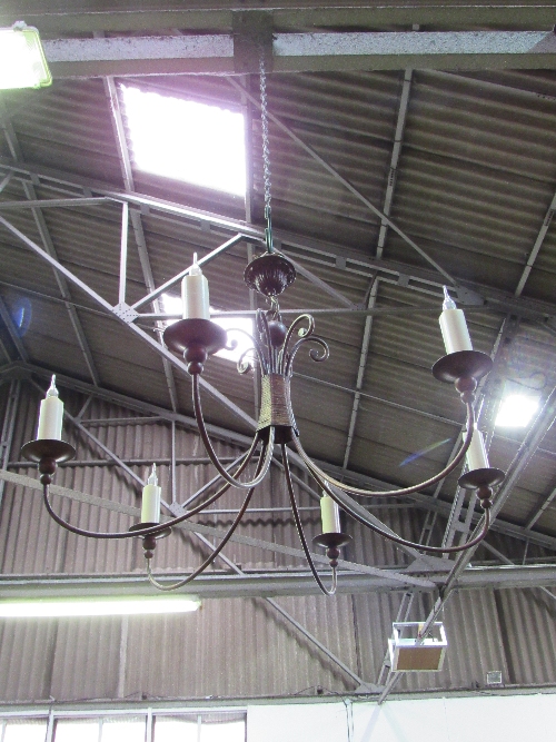 2x 6 branch bronze-effect chandeliers with candle-effect bulbs & a qty of spare bulbs. Estimate £