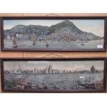 2 framed & glazed early 20th century tapestries: Hong Kon & Shanghai, each 46cms x 102cms.