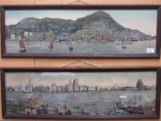 2 framed & glazed early 20th century tapestries: Hong Kon & Shanghai, each 46cms x 102cms.