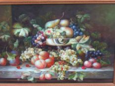 Framed reproduction on board of still life fruit & vine leaves.