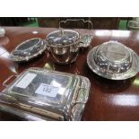 3 lidded EPNS serving dishes, lidded EPNS ice bucket & bonbon dish. Estimate £10-20.