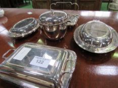 3 lidded EPNS serving dishes, lidded EPNS ice bucket & bonbon dish. Estimate £10-20.