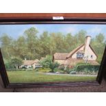 Framed & glazed oil on canvas 'Perriwinkle Cottage', together with unframed oil on canvas 'Flowers &