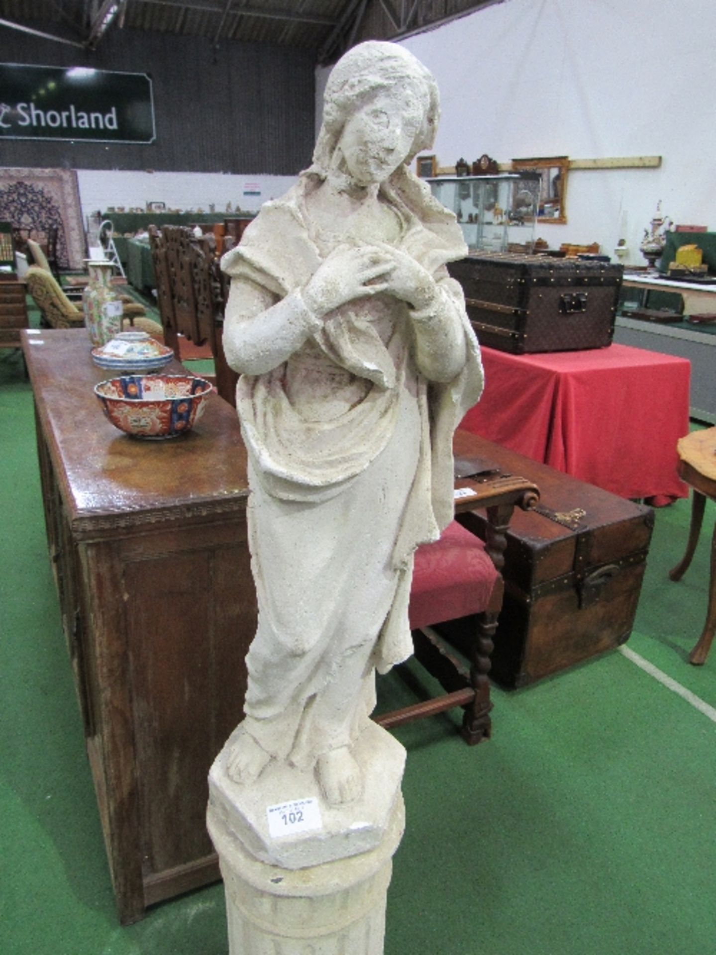 Plaster moulded statue of a female on a plinth, a/f, height 142cms. Estimate £20-40. - Image 2 of 3