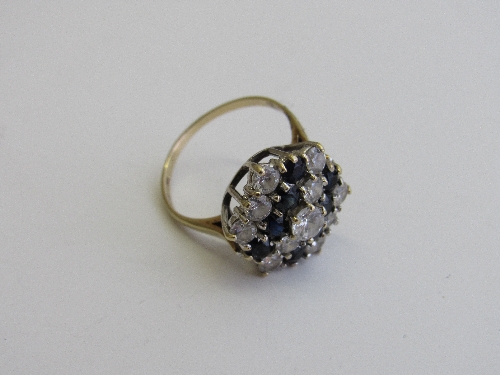 Lady's 9ct yellow gold cluster ring with blue & white stones, size N 1/2, weight 3.2gms. Estimate £
