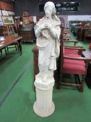 Plaster moulded statue of a female on a plinth, a/f, height 142cms. Estimate £20-40.