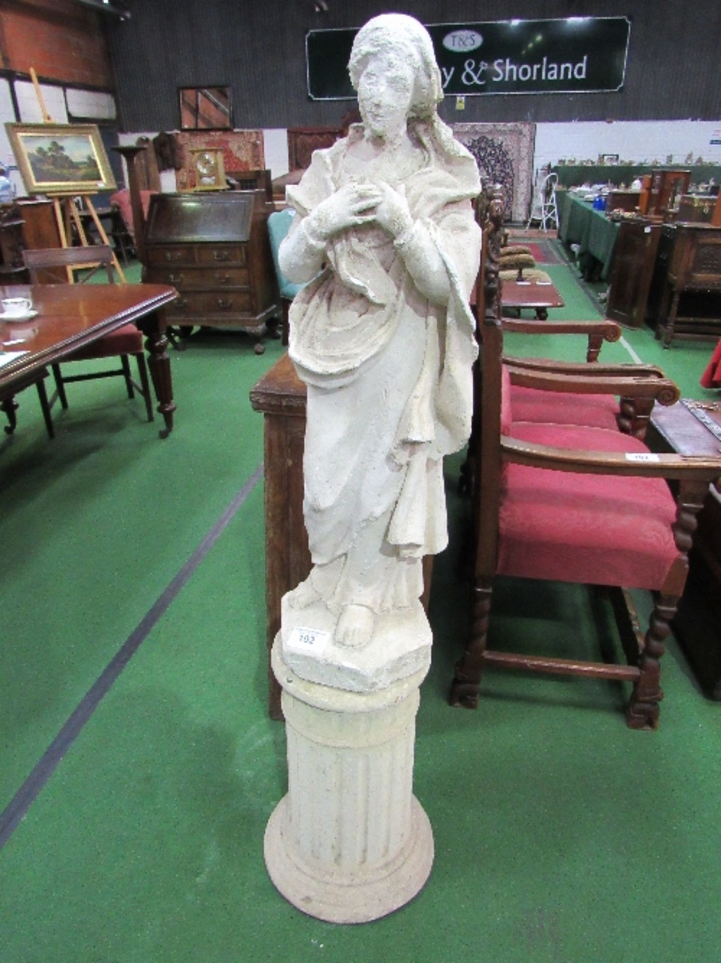 Plaster moulded statue of a female on a plinth, a/f, height 142cms. Estimate £20-40.