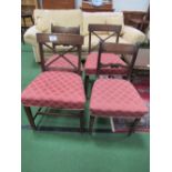 2 pairs of mahogany dining chairs - 2 with cross splats & 2 with scroll splats. Estimate £40-60.