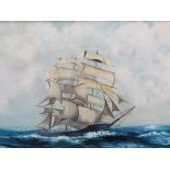 Oil on board of nautical scene of a ship in full sail, signed T Hunt. Estimate £15-20.