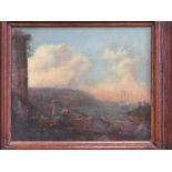 Heavily framed oil on canvas of classical ruin & sailing ship scene. Estimate £10-20.