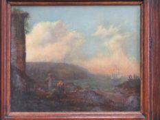 Heavily framed oil on canvas of classical ruin & sailing ship scene. Estimate £10-20.