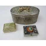 White metal decorated jewellery box together with 2 small white metal boxes. Estimate £15-20.