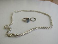 925 silver necklace, 1.3ozt; sterling silver blue stone ring & a white metal & diamond eternity ring