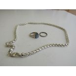 925 silver necklace, 1.3ozt; sterling silver blue stone ring & a white metal & diamond eternity ring