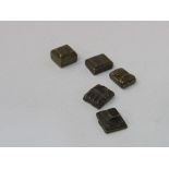 Group of 5 19th century small bronze Ashanti gold weights of various designs. Estimate £40-60.