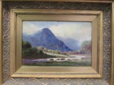 Gilt framed oil on board of mountain & river scene, signed H Cubley, on reverse is written: 'Barston