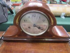 Edwardian inlaid mahogany mantel clock together with a serving tray with silver-plate pierced