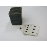 Green leather Victorian box complete with 2 sets of miniature playing cards. Estimate £30-40.