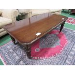 Mahogany coffee table with 3 frieze drawers, reeded legs to castors, 136cms x 68cms x 46cms.