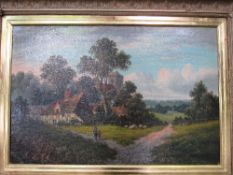 Oil on canvas in heavy gilt frame, 77cms x 103cms. Estimate £200-250.
