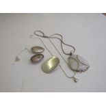 Silver pendant, opalescent heart-shaped stone on white metal chain; silver pendant; white metal