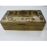 Oriental brass & enamel decorated cigarette box. Estimate £50-80.