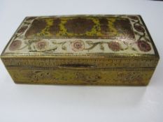 Oriental brass & enamel decorated cigarette box. Estimate £50-80.