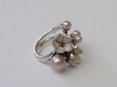Hallmarked 925 silver, pearl & gemstone floral ring, size J 1/2. Estimate £30-40.