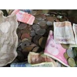 A box of assorted coins & paper money. Estimate £10-20.