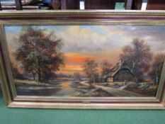 Large framed oil on canvas of rural scene by Horst Baumgart. Estimate £100-120.