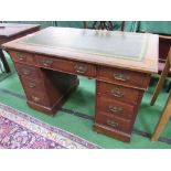 Mahogany pedestal desk with 3 frieze drawers & 3 drawers to pedestal & leather sciver, 106cms x