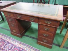 Mahogany pedestal desk with 3 frieze drawers & 3 drawers to pedestal & leather sciver, 106cms x