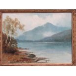 Framed oil on board of mountain & lakeside scene, signed Hadfield Cubley