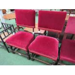 Pair of red upholstered oak framed hall chairs. Estimate £20-30.