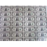 Framed & glazed sheet of 32 USA one dollar bills. Estimate £140-160.