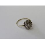 9ct gold cluster ring, size Q 1/2, weight 2.1gms. Estimate £60-70.