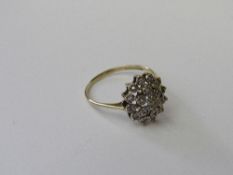 9ct gold cluster ring, size Q 1/2, weight 2.1gms. Estimate £60-70.