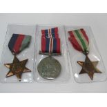 3 WWII medals: Italy Star, The 1939-1945 Star & Service Medal. Estimate £20-30.