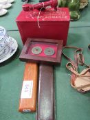 Reproduction vintage petrol can; 2 slide rules & 2 replica Chinese trader's money. Estimate £10-20.