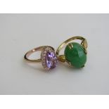 Gold overlay on silver ring with green stone, size Q & a rose gold on silver pink amethyst ring,