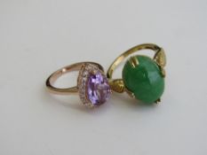 Gold overlay on silver ring with green stone, size Q & a rose gold on silver pink amethyst ring,