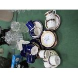 Qty of Tuscan china & Grosvenor coffee cans; cut glass jam pot & 2 other cut glass items.