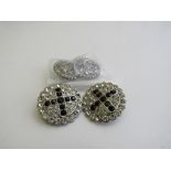 Pair of Butler & Wilson clip-on earrings (both with 1 stone missing) & a pair of steel decorated