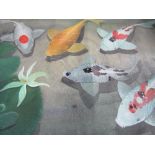 3 unframed pictures: an original Hai Bali painting of carp under a lily pad; an oil on canvas