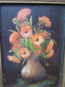 Framed & glazed print of rose hips & a framed acrylic on board of Marigolds in a vase. Estimate £