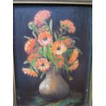 Framed & glazed print of rose hips & a framed acrylic on board of Marigolds in a vase. Estimate £