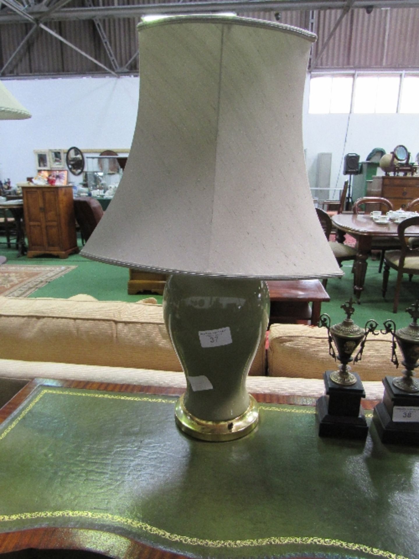 Large green ceramic table lamp c/w shade, height of lamp 52cms. Estimate £20-30
